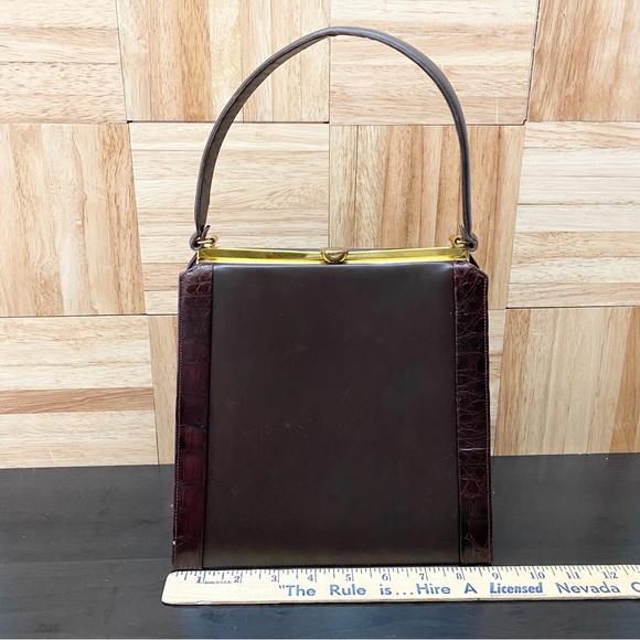 Vintage Sydney of California Brown Croc Leather Trim Top Handle Clutch Handbag - Picture 8 of 16